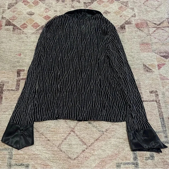 Y2K Black and silver striped sheer button up shirt size 14 - Picture 6 of 10